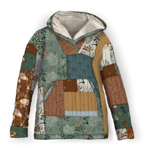 May include: A patchwork hoodie in shades of green, brown, and beige. The hoodie features a kangaroo pocket and a lined hood. The design incorporates various patterns, including floral, geometric, and nature-themed motifs. The overall aesthetic is reminiscent of a quilted garment.