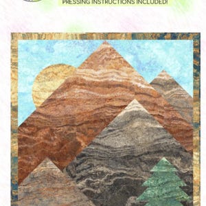 May include: A wall hanging quilt pattern titled "Sundown" featuring a mountain landscape design. The quilt measures 32 x 32 inches and includes pressing instructions. The design showcases a sun, mountains, and a tree.