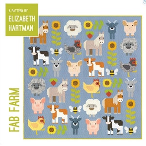 May include: A blue quilt pattern with a variety of farm animals, including cows, pigs, chickens, sheep, goats, and horses. The pattern also includes sunflowers, bees, and leaves. The text "FAB FARM" and "A PATTERN BY ELIZABETH HARTMAN" is included in the image.