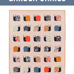 May include: A quilt pattern featuring a design of snails with floral shells. The pattern is titled "Garden Snails" and is described as a traditionally pieced quilt pattern for the intermediate sewist and up.