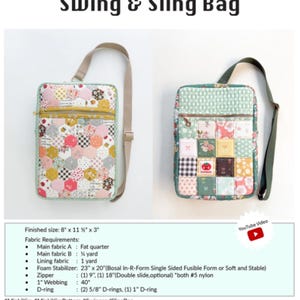 Puede incluir: Se muestran dos bolsos Swing & Sling, uno con un diseño de patchwork colorido y otro con un estampado floral verde. Los bolsos tienen un bolsillo frontal con cremallera y una correa larga. El texto "Swing & Sling Bag" está en la parte superior.