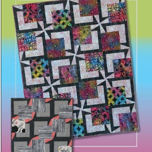 May include: Quilt pattern design labeled "BQ5" with a colorful floral print and a black and white geometric print. The design is from Maple Island Quilts.