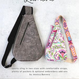 May include: Two sporty sling bags. One is gray with a black strap and zipper. The other is white with a floral pattern, a pink zipper, and a colorful strap. The text reads "Lamont" and "Sallie Tomato".
