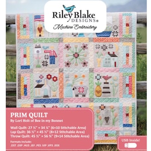 May include: A colorful quilt with various embroidered designs, including houses, flowers, and a sheep. The quilt is labeled "Prim Quilt" by Lori Holt of Bee in my Bonnet. The wall quilt measures 27.5" x 34.25".