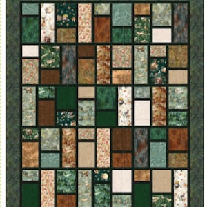 May include: A quilt pattern titled "Broken Windows" with a patchwork design. The quilt features rectangular blocks in various colors and patterns, including floral, green, and brown fabrics. The text "A Pieced Fat Quarter Quilt" is also visible.
