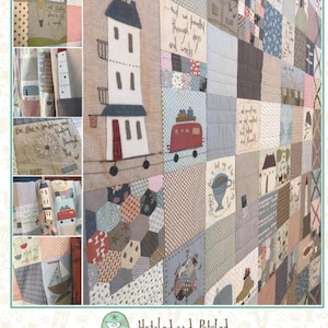 May include: A quilt pattern with a patchwork design featuring a house, a cat, and a red bus. The quilt is made up of various fabrics in shades of blue, brown, and white. The title of the pattern is "Here, There & Everywhere ( & The Cat Came Too)".