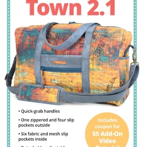 May include: A colorful duffle bag with a map-like pattern, featuring quick-grab handles, multiple pockets, and a detachable shoulder strap. The bag is labeled "Get Out of Town 2.1" and is described as a functional, stylish duffle bag.