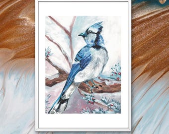 May include: A blue jay bird with a white chest and black markings on its head is perched on a branch with red berries. The background is a snowy winter scene.