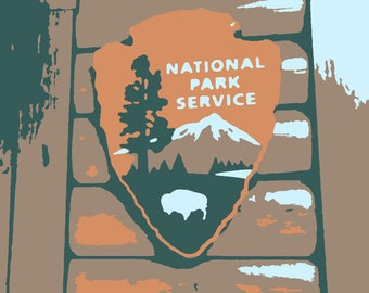 May include: A brown wooden sign with a tan and green National Park Service emblem. The emblem features a mountain, a tree, and a buffalo.
