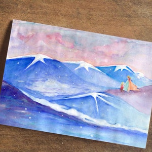 Tarjeta de felicitación con sobre Tarjeta de vacaciones de invierno en blanco Tarjeta de felicitación de Navidad grande Tarjeta de deseos de vacaciones - Encuentro en las montañas nevadas