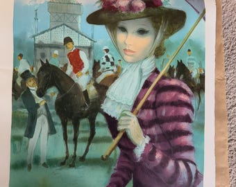 Vintage signierte Lithographie François Batet - Art Déco Pferderennenszene