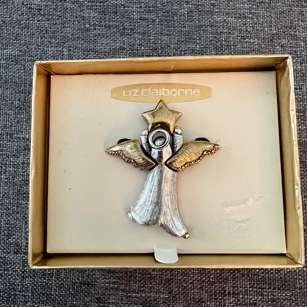 Vintage Angel Star Pin Brooch Gold & Silver Tones Signed LC Liz Claiborne In Box