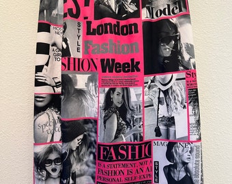 Vintage jaren '90 Nieuwigheid Magazine Print Rok Zwart Wit Hot Pink Indie Sleaze L/XL Rave Disco