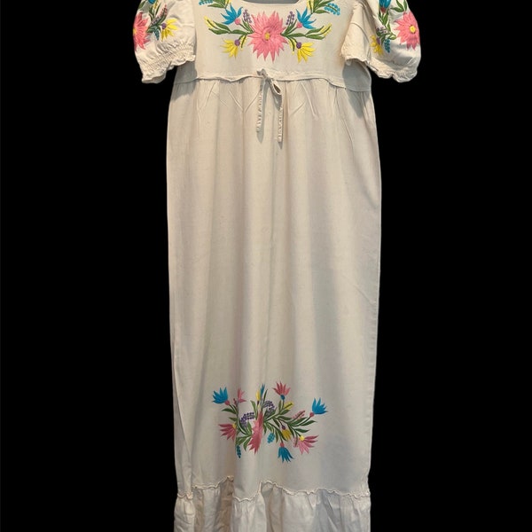 Vintage White Philippine Embroidered Maxi Dress Empire Waist Vibrant Flowers M