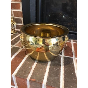 May include: A large, gold-colored brass planter with two lion head handles. The planter is sitting on a brick surface.