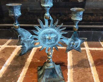 adorable vintage green with gold accents celestial candelabra 8.5x7”