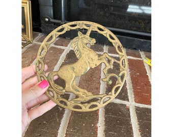 Vintage gold brass unicorn trivet wall decoration 6.25” tall