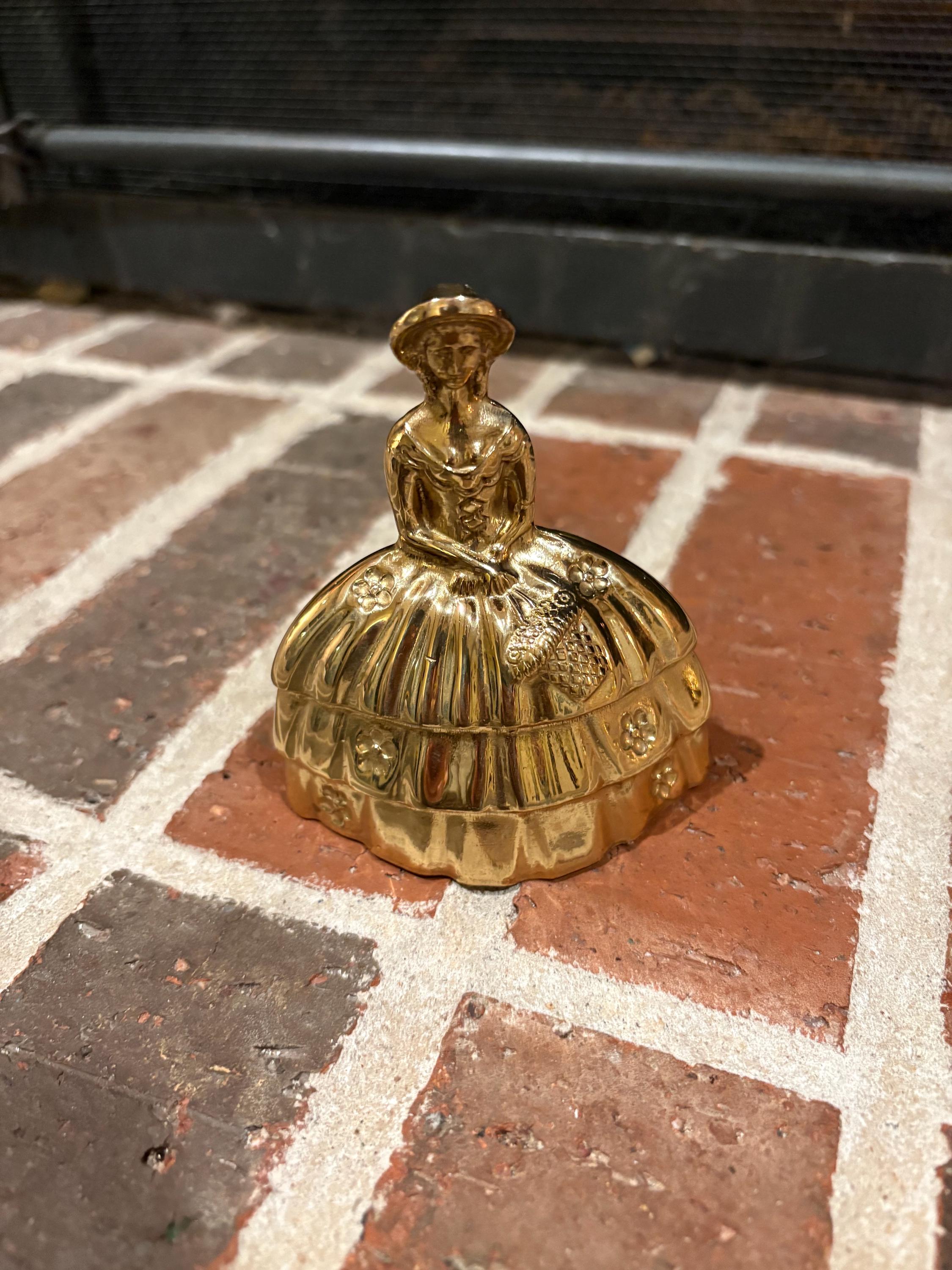 Adorable vintage gold brass lady bell strong sound 4x3.5”