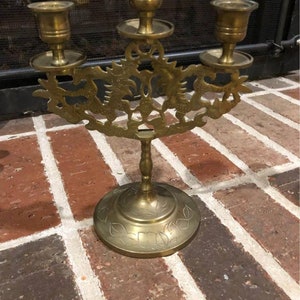 Vintage gold ornate brass candelabra menorah for 3 candlestick holders 8 inches tall 6.5 inches wide