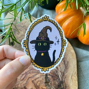 May include: A black cat wearing a witch's hat with a gold star on its chest, inside a gold oval frame with a white background. The cat has green eyes and a purple collar.