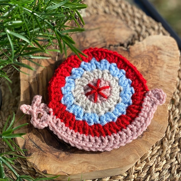 Snail Crochet Coaster In Red, Blue, Pink, White | Cute Farmhouse Handmade Gift | Garden Retro Artwork