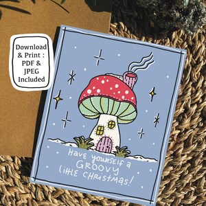 Download digitale della cartolina di Natale per le vacanze dei funghi / regalo unico stampabile fatto a mano retrò groovy formato A2
