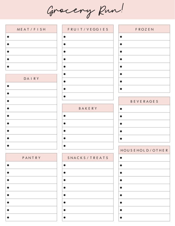 grocery list with categories printable shopping list etsy