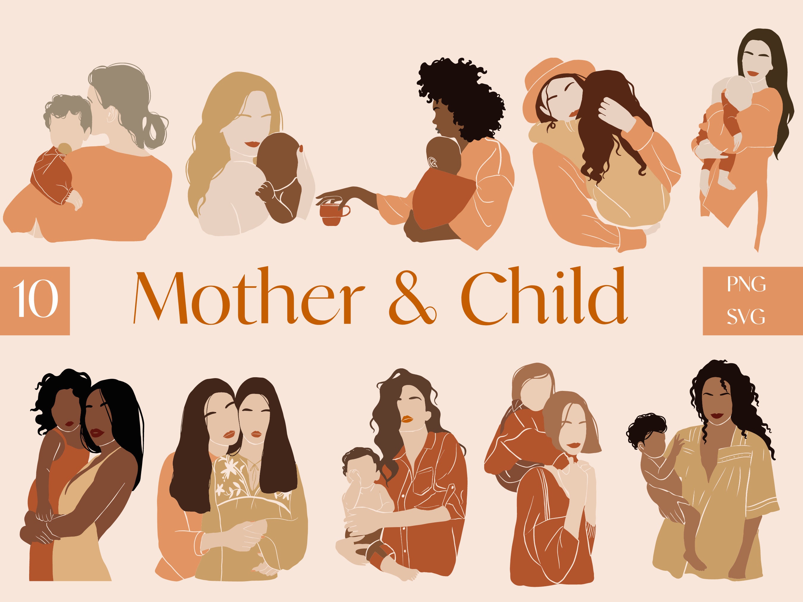 Boho Abstract Mother Child Illustration Mom and Children Clipart ...