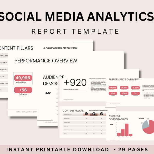Social Media Analytics Report Template: Canva Tracker (29 Pages)
