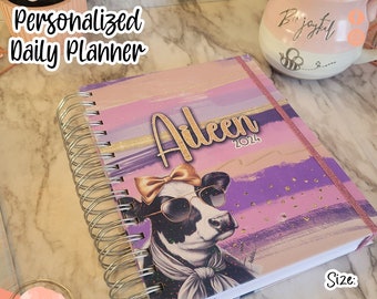 Personalized Cow-Themed Daily Planner with Yearly Tracker, Habit & Financial Tools, and Your Name Throughout! Personalized Planner 2024