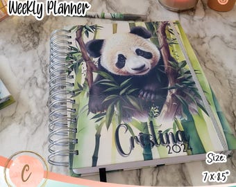 Personalized Panda Bear Weekly Planner 2026-2027| Custom Name | Habit & Book Tracker | Finance and Goals Organizer | 7"x8.5" Hard Cover