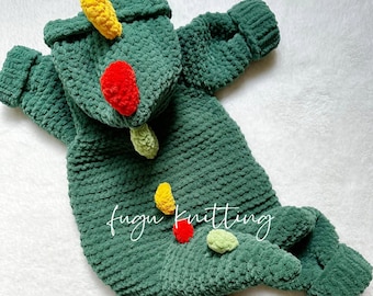 Hand-Knit Baby Dinosaur Romper/Costume – Green with Colorful Caterpillars, Hooded, Soft and Cozy,Fun and Unique Gift for Baby Birthdays