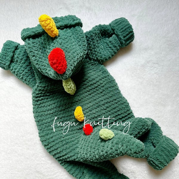 Hand-Knit Baby Dinosaur Romper/Costume – Green with Colorful Caterpillars, Hooded, Soft and Cozy,Fun and Unique Gift for Baby Birthdays