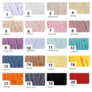 May include: A color chart displaying 20 different shades of yarn. Colors range from lavender, white, and moonbeam to denim, camel, and orange. Each color is labeled with a number and a name, such as "1 Lavender" and "2 White."