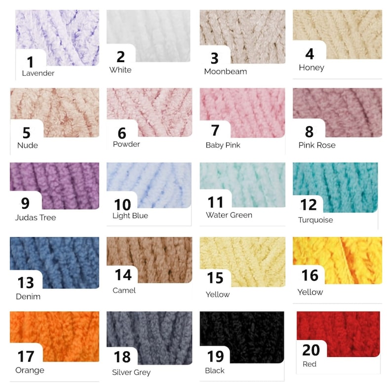 May include: A color chart displaying 20 different shades of yarn. Colors range from lavender, white, and moonbeam to denim, camel, and orange. Each color is labeled with a number and a name, such as "1 Lavender" and "2 White."