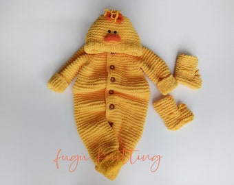 Weiche und warme Kapuzen-Baby-Mädchen & Kleinkind-Gelb-Küken-Overalls mit einer süßen orangefarbenen Schleife und einem nahtlosen Design / ein durchdachtes Geschenk für geliebte Menschen