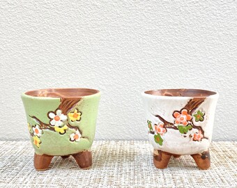 Set of 2 Succulent Pots | Small Green and White Pots | Ceramic Pots With Drainage