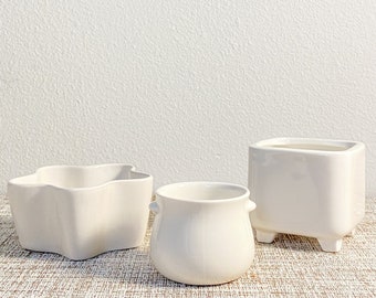 Set of 3 Succulent Pots | Small White Planters | Ceramic Pots With Drainage