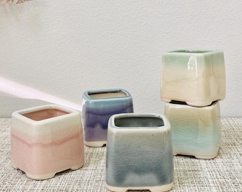 Small Glazed Planter for Succulents and Plants, Simple Pastel Pots With Drainage Included