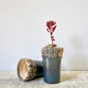 Tall Ceramic Pot for Succulents and Small Plants | Blue Succulent Pot with Rose Design | Includes Drainage | Indoor or Outdoor Use