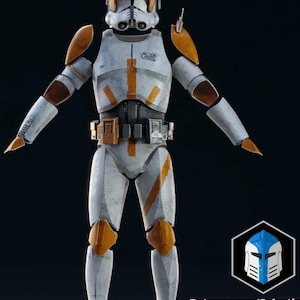 May include: A full-body action figure of a clone trooper in white and orange armor. The figure has a helmet with a visor and antenna. The armor has orange stripes and accents. The figure is standing with arms outstretched. The text "Patreon.com/Galactic" is visible.
