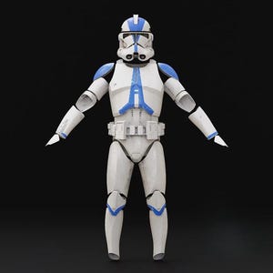 Könnte beinhalten: Ganzkörperbild einer weiß-blauen gepanzerten Figur, die an eine Science-Fiction-Figur erinnert. Die Figur hat einen Helm, Schulterpolster und eine Körperpanzerung mit blauen Akzenten. Der Hintergrund ist einfarbig schwarz, was das Design der Figur hervorhebt.