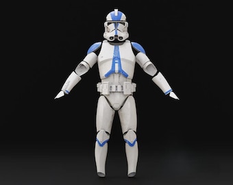 May include: A full-body image of a white and blue armored figure, reminiscent of a science fiction character. The figure has a helmet, shoulder pads, and body armor with blue accents. The background is a solid black, emphasizing the character's design.