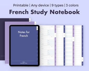May include: A digital French study notebook with a dark blue cover and the text "Notes for French." The notebook is displayed on a tablet and includes several pages with sections for vocabulary and notes. The image also shows the text "Printable | Any device | 9 types | 3 colors."