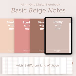 Puede incluir: Cuaderno digital con tema beige, titulado "Basic Beige Notes". La imagen muestra una tableta que muestra una página "Study with me", junto con tres cubiertas de cuaderno en varios tonos de beige y rosa. La imagen también muestra 12 estilos de hojas diferentes.