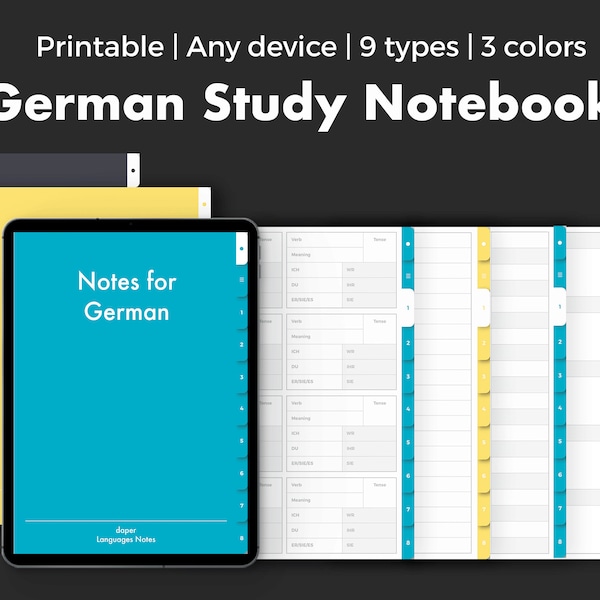 German Study Digital Notebook | Words, Vocabulary, Language, Conjugation | Cornell, Printable | GoodNotes, Notability, iPad, Tablet Template