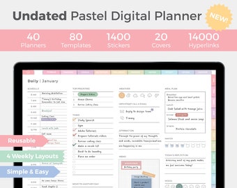 May include: An undated pastel digital planner displayed on a tablet. The planner includes 40 planners, 80 templates, 1400 stickers, 20 covers, and 14000 hyperlinks. The screen shows a daily layout with sections for schedule, top priorities, and meal plan.