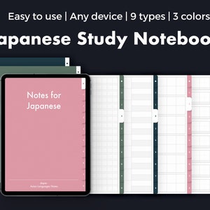 Peut inclure: Carnet d'étude japonais numérique avec une couverture rose indiquant « Notes pour le japonais ». L'image montre une tablette avec un carnet numérique, ainsi que d'autres pages de carnet en vert, bleu et blanc. Le texte indique « Facile à utiliser | Tout appareil | 9 types | 3 couleurs ».