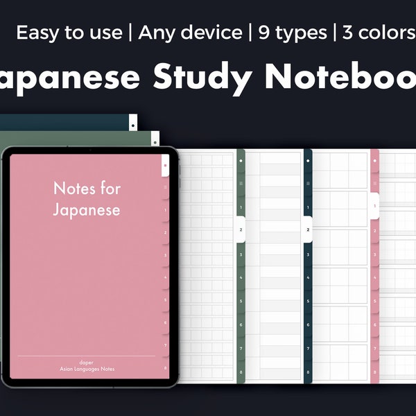 Cyfrowy notatnik do nauki języka japońskiego | Słowa, słownictwo, język, znaki | Rękopis | Kanji | GoodNotes | Notability | Szablon na iPada, tablet
