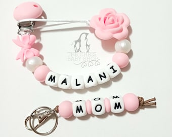 Flower Rose Pacifier Clip Holder & Mom Keychain Set, Personalized Name
